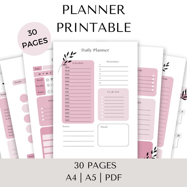 Printable Planner PDF, Girly Pink Daily planner, Monthly planner, To Do List, Health tracker, ADHD, Gratitude, journal insert, undated