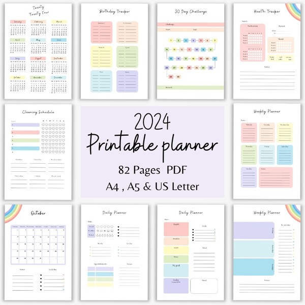 2024 Printable planner Bundle colorful PDF Daily planner insert, Monthly planner Weekly planner, Budget Tracker Cleaning schedule To do list