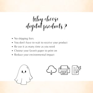 May include: White background with the text "Why choose digital products?" and bullet points listing benefits. Includes a cute ghost illustration, a cloud with a downward arrow, a printer, and a document with a pen.