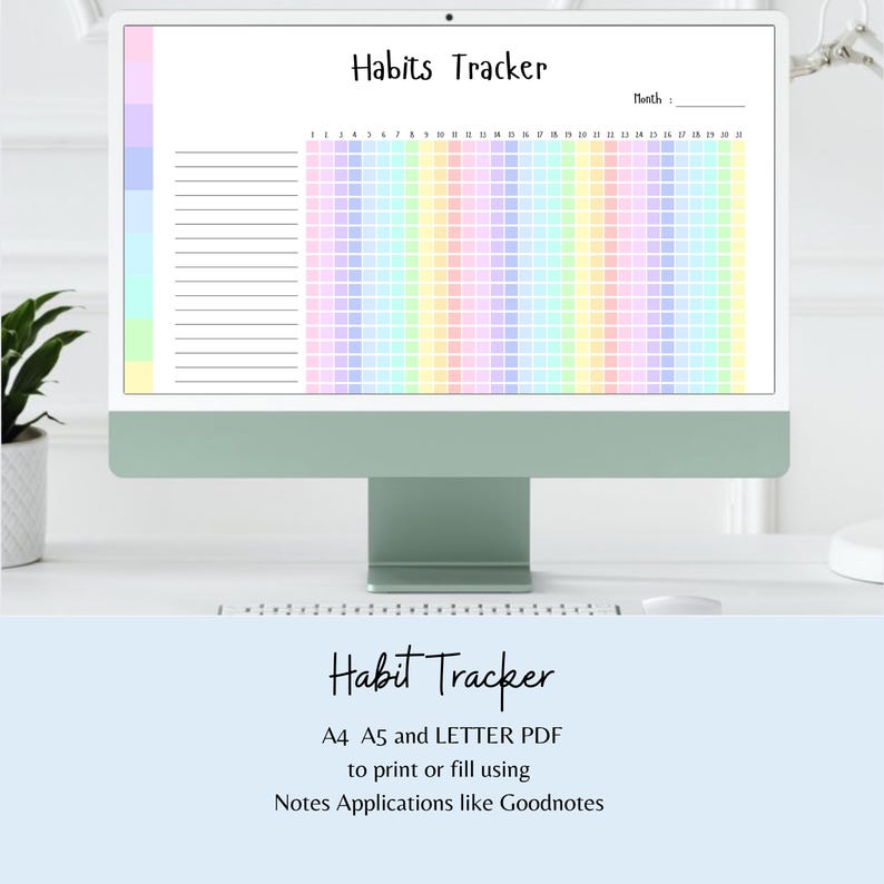 Monthly Habit Tracker Printable Planner PDF Rainbow A4 A5 Goal Tracker ...