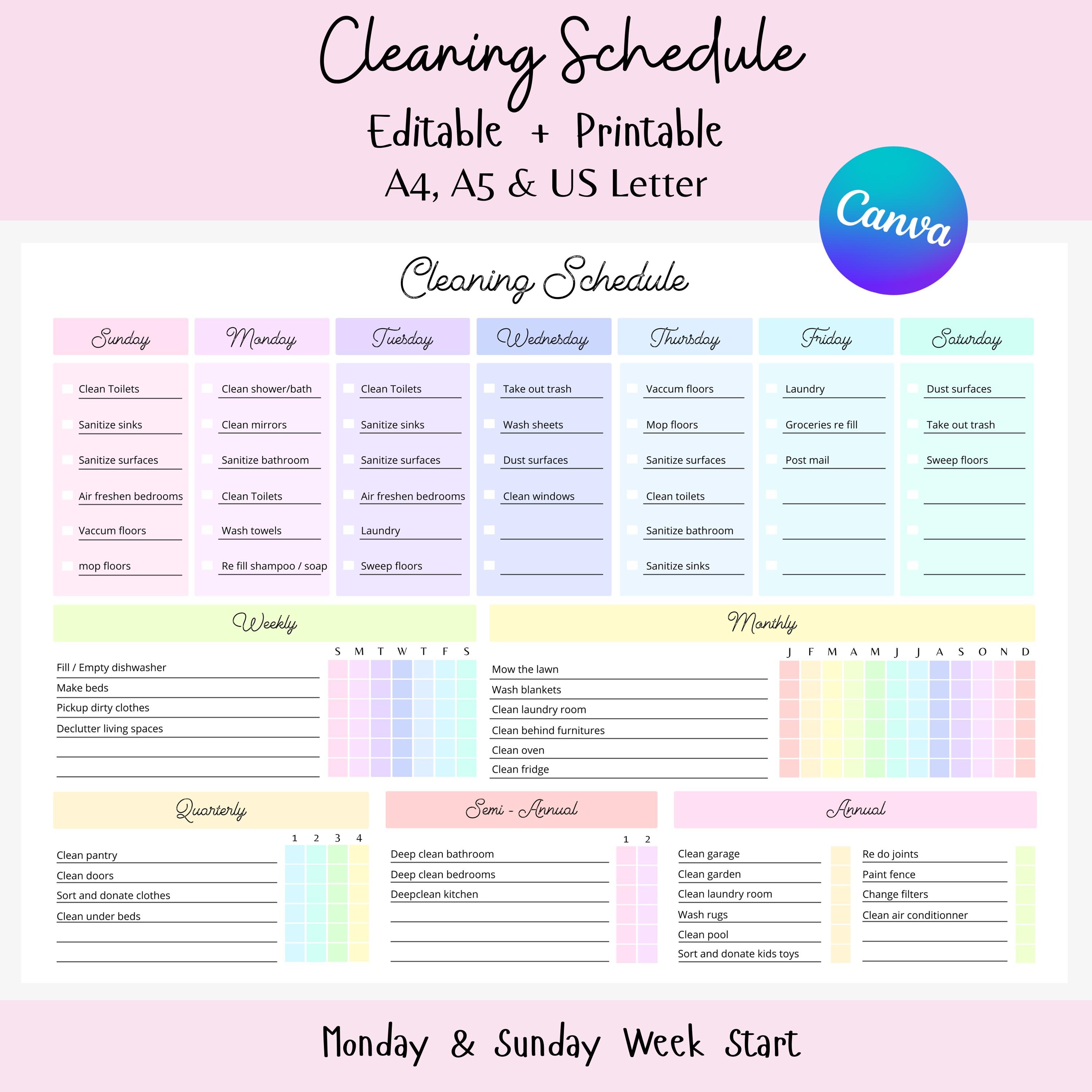 EDITABLE Cleaning Schedule Printable Canva Template, House Chores ...
