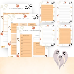 May include: A collection of Halloween-themed planner pages with a white background. The pages include monthly, weekly, and daily planners, to-do lists, and note pages. The designs feature skulls, bats, potion bottles, and candy canes. The word "Boo!" is also visible.