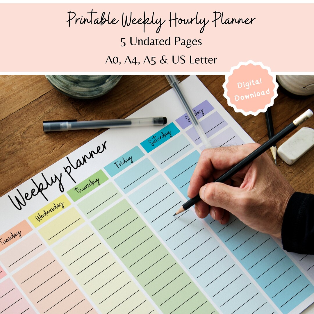 Weekly Planner Printable PDF, Undated Hourly Schedule, Timetable ...