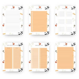 May include: A collection of Halloween-themed stationery. The designs include to-do lists, notes pages, and a Halloween planner. Each page features a white background with orange and black accents, including bats, skulls, and potion bottles. The word "Boo!" is also included.
