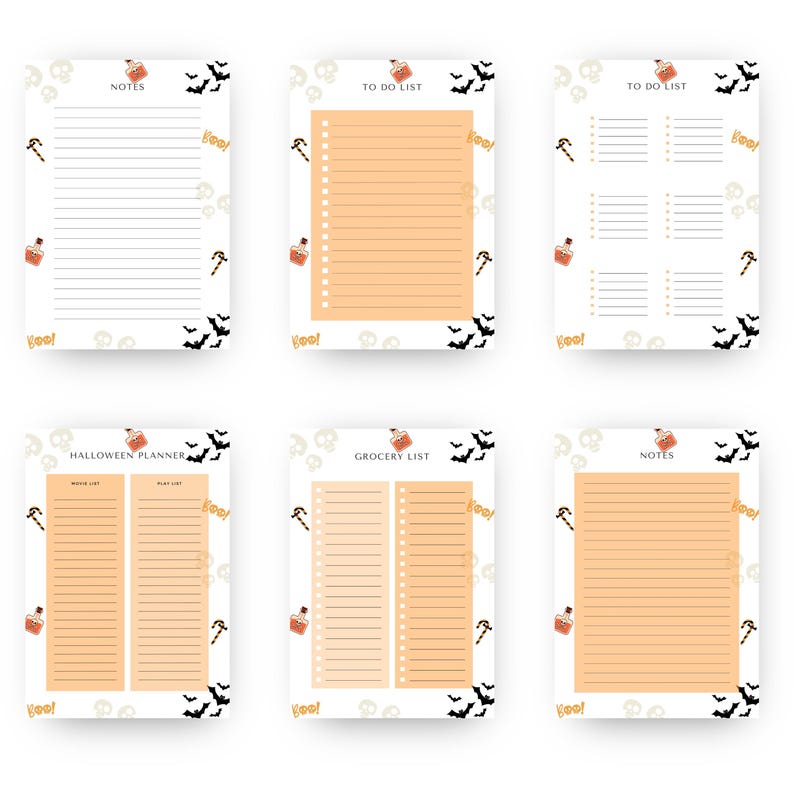 May include: A collection of Halloween-themed stationery. The designs include to-do lists, notes pages, and a Halloween planner. Each page features a white background with orange and black accents, including bats, skulls, and potion bottles. The word "Boo!" is also included.