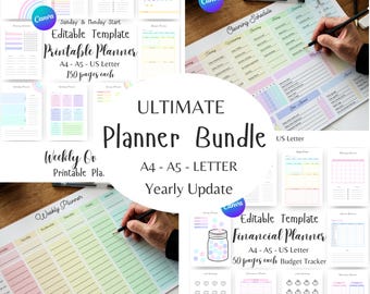 May include: A collection of printable planner templates, including a cleaning schedule, financial planner, and weekly planner. The bundle includes A4, A5, and US Letter sizes. The text includes "Ultimate Planner Bundle" and "Yearly Update".