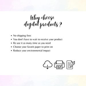 May include: White graphic with the text "Why choose digital products?" and bullet points listing benefits. Icons of a cloud, printer, and document with a pen are at the bottom. The background has a soft watercolor effect.