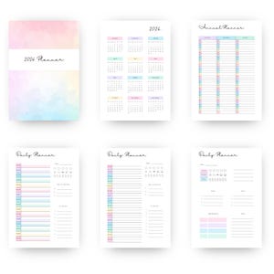 May include: A collection of pastel-colored 2026 planners and daily organizers. The cover of the planner features a watercolor design with the text "2026 Planner". The daily planners have time slots and to-do lists.