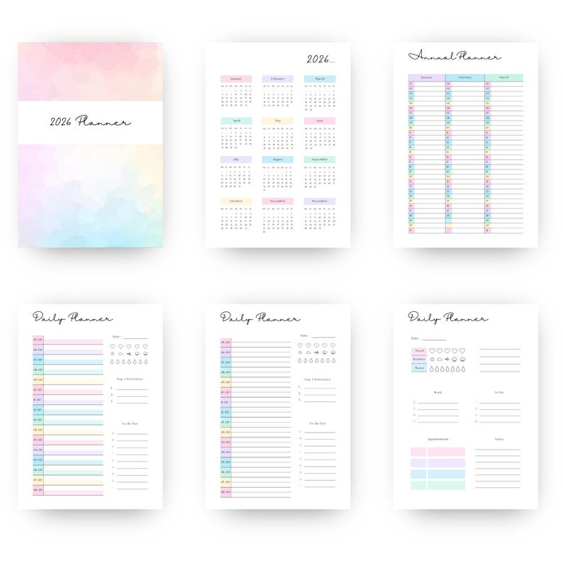 May include: A collection of pastel-colored 2026 planners and daily organizers. The cover of the planner features a watercolor design with the text "2026 Planner". The daily planners have time slots and to-do lists.