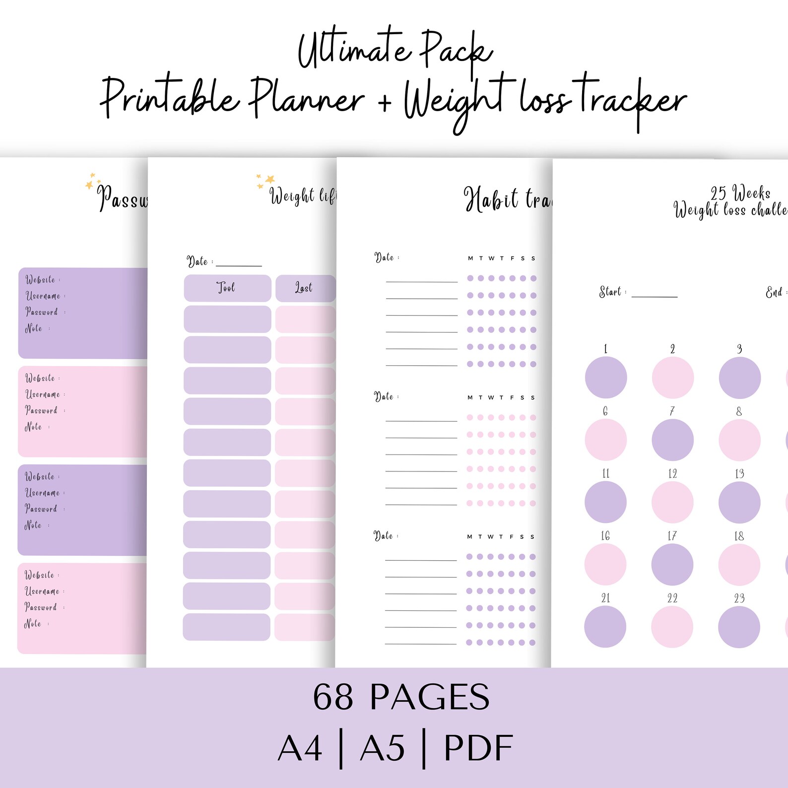2024 Printable Planner Weight Loss Tracker PDF A5 A4 Dated Undated