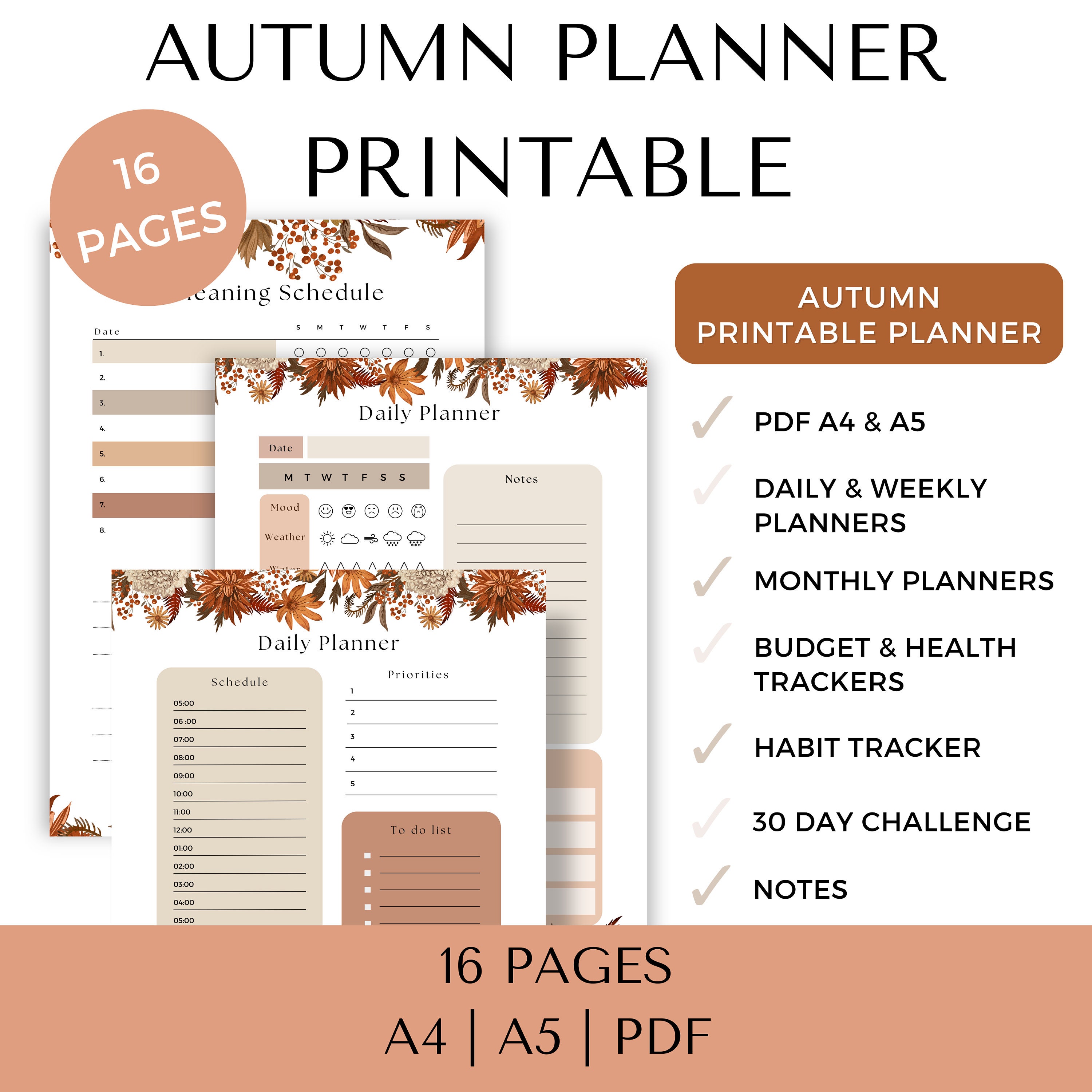 Autumn Planners Printable PDF, Fall Season Halloween, Daily Planner to ...