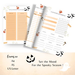 May include: Halloween-themed planner pages with a movie list, play list, monthly budget, and cleaning schedule. The pages are decorated with bats, skulls, potion bottles, and candy corn. Text includes "Halloween Planner", "Monthly Budget", "Cleaning Schedule", and "Set the Mood For the Spooky Season!"