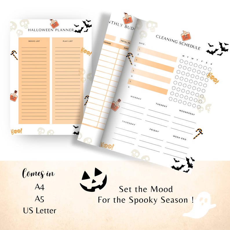 May include: Halloween-themed planner pages with a movie list, play list, monthly budget, and cleaning schedule. The pages are decorated with bats, skulls, potion bottles, and candy corn. Text includes "Halloween Planner", "Monthly Budget", "Cleaning Schedule", and "Set the Mood For the Spooky Season!"