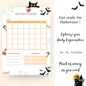 May include: A Halloween-themed monthly planner with a black cat bookmark. The planner features a grid for scheduling, with decorative elements like bats, skulls, and potion bottles. Text includes "Get ready for Halloween!" and "Optimize your Daily Organisation."