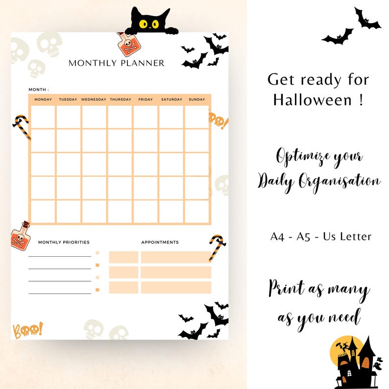 May include: A Halloween-themed monthly planner with a black cat bookmark. The planner features a grid for scheduling, with decorative elements like bats, skulls, and potion bottles. Text includes "Get ready for Halloween!" and "Optimize your Daily Organisation."
