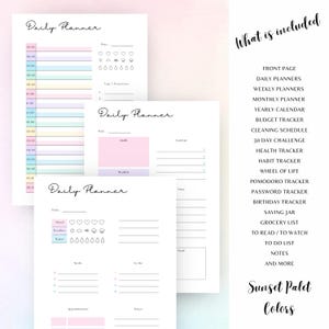 May include: A collection of printable daily planners in a sunset palette. The pages include sections for scheduling, mood tracking, and to-do lists. The image also lists included features such as a budget tracker and cleaning schedule.