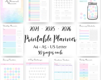 2025 Printable planner Rainbow Pastel Colorful Bundle PDF 2026 Daily planner insert, weekly Monthly planner Budget Tracker Cleaning schedule