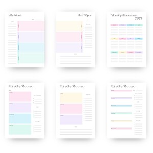 May include: A collection of six pastel-colored planner pages. The pages include weekly and yearly overviews, with sections for notes, to-do lists, and daily schedules. The text includes "My Week", "On 2 Pages", "Yearly Overview 2026", and "Weekly Planner".