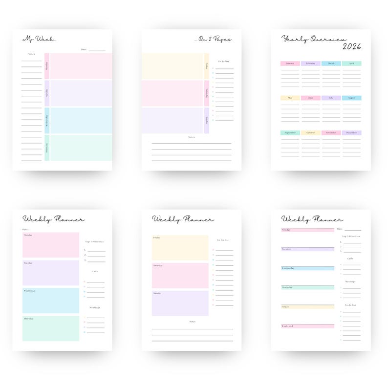May include: A collection of six pastel-colored planner pages. The pages include weekly and yearly overviews, with sections for notes, to-do lists, and daily schedules. The text includes "My Week", "On 2 Pages", "Yearly Overview 2026", and "Weekly Planner".