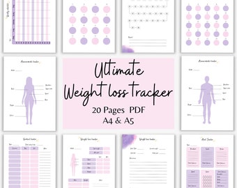 May include: A printable weight loss tracker with 20 pages in PDF format. The pages are designed with a purple and pink color scheme and feature a variety of charts and trackers for weight, measurements, food, and exercise. The text "Ultimate Weight Loss Tracker" is displayed in a large font at the top of the image.