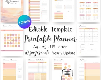 Editable Planner Template, printable planner pages, productivity planner, adhd, yearly update planner inserts, daily planner, hourly, weekly