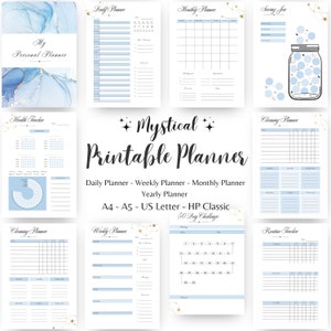 May include: A printable planner with a mystical theme. The planner includes pages for daily, weekly, monthly, and yearly planning. It also includes a 30-day challenge, a health tracker, a cleaning planner, a routine tracker, and a saving jar tracker. The planner is designed in a light blue and gold color scheme with a celestial design.