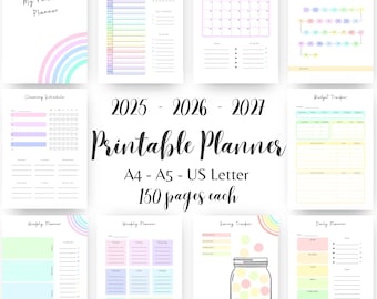 Printable planner Bundle colorful Rainbow PDF 2025 2026 2027 Daily planner insert, weekly Monthly planner, Budget Tracker Cleaning schedule