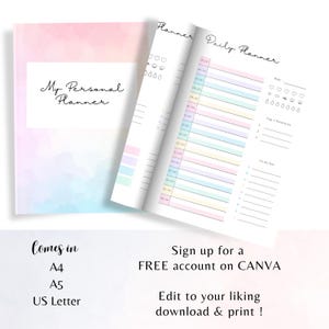 May include: A pastel-colored personal planner with the words "My Personal Planner" on the cover. The open pages reveal a daily planner layout with sections for time slots, priorities, and to-do lists. The planner is available in A4, A5, and US Letter sizes.