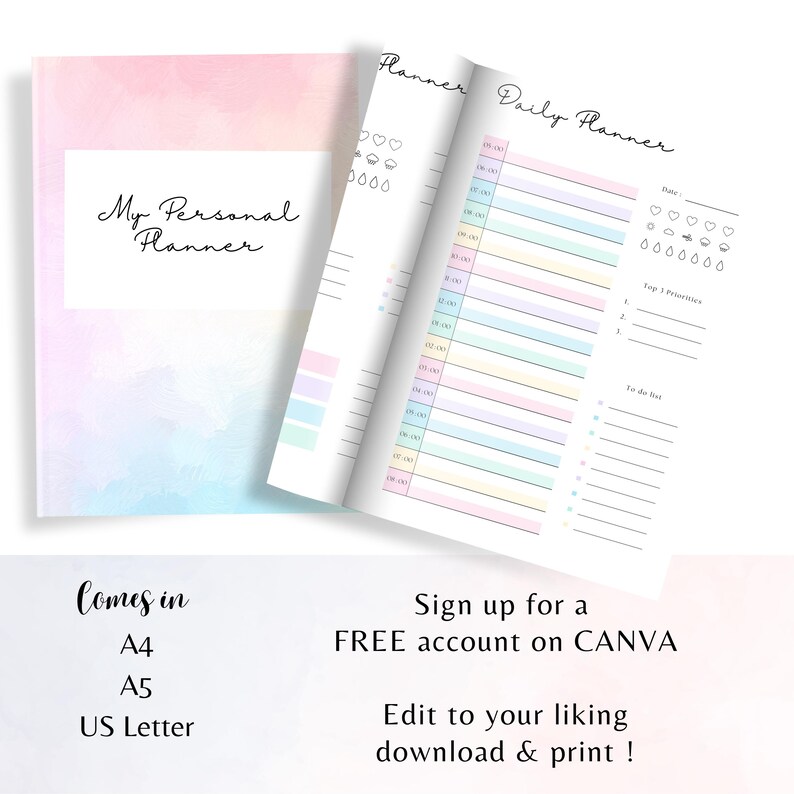 May include: A pastel-colored personal planner with the words "My Personal Planner" on the cover. The open pages reveal a daily planner layout with sections for time slots, priorities, and to-do lists. The planner is available in A4, A5, and US Letter sizes.