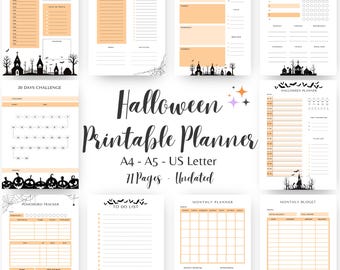 Halloween Planners Printable PDF, Daily planner To Do List, Productivity Planner, witch, pumpkin Minimalist Planner