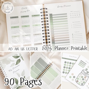 Greenery Printable Planner - A5 Ready to Print - Planner Inserts, Weekly, Daily, Monthly Budget, Health, Cleaning tracker, Life organization