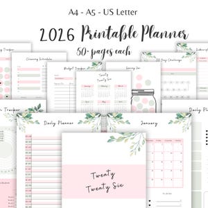 Druckbares Planer Set PDF Pink Grüne Blätter A5 Planereinlagen, Tagesplaner, Monatlicher Planer, Wochenagenda, Budget Stimmungsmacher, ADHS