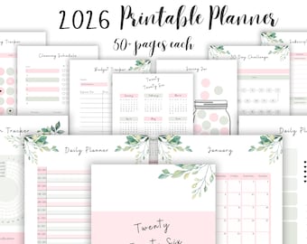 Printable Planner Bundle PDF Pink Green Leaves A5 Planner Inserts, Daily Planner, Monthly Planner, Weekly Agenda, Budget mood tacker, ADHD