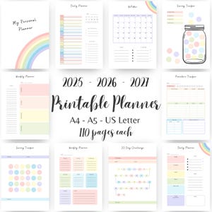 May include: A printable planner with a rainbow theme. The planner includes pages for daily, weekly, and monthly planning, as well as a savings tracker, pomodoro tracker, and 30-day challenge. The planner is available in A4, A5, and US Letter sizes. 2025 - 2026 - 2027 Printable Planner A4 - A5 - US Letter 110 pages each