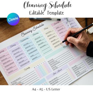 May include: A colorful cleaning schedule template with the text "Cleaning Schedule Editable Template" at the top. The schedule is divided into days of the week and includes tasks like cleaning toilets, vacuuming floors, and doing laundry. The template is available in A4, A5, and US Letter sizes.
