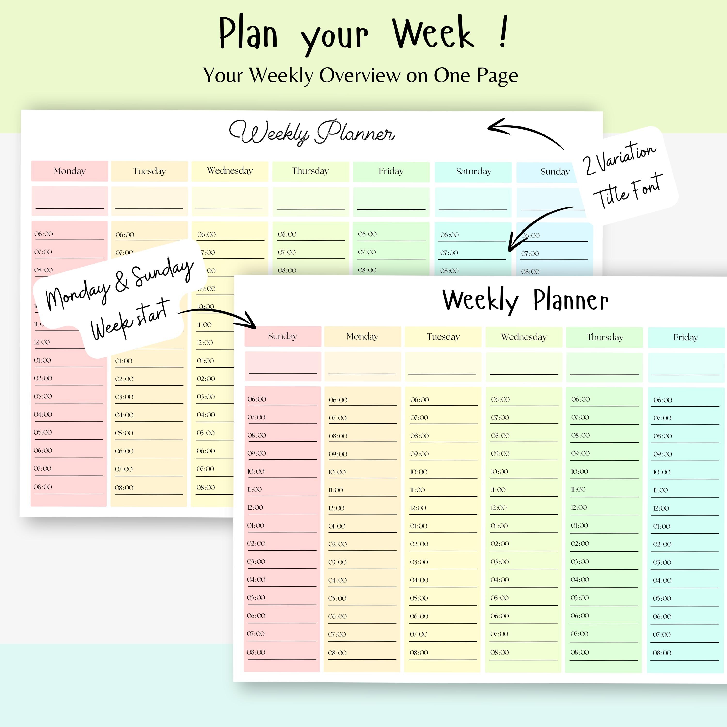 Weekly Overview Planner Printable PDF, Weekly Hourly Schedule, ADHD ...