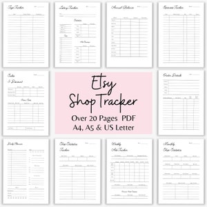 Puede incluir: Un rastreador de tienda Etsy imprimible con más de 20 páginas de hojas de cálculo para ayudarte a administrar tu negocio. Las páginas incluyen secciones para rastrear ventas, gastos, listados, anuncios y más. Las páginas están diseñadas para los tamaños de papel A4, A5 y US Letter.