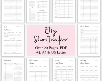 May include: A printable Etsy shop tracker with over 20 pages of worksheets to help you manage your business. The pages include sections for tracking sales, expenses, listings, ads, and more. The pages are designed for A4, A5, and US Letter paper sizes.