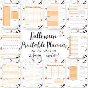 May include: A collection of printable Halloween planner pages with an orange and white color scheme. The pages include sections for budgeting, weekly planning, and habit tracking. The text "Halloween Printable Planner" is displayed prominently.