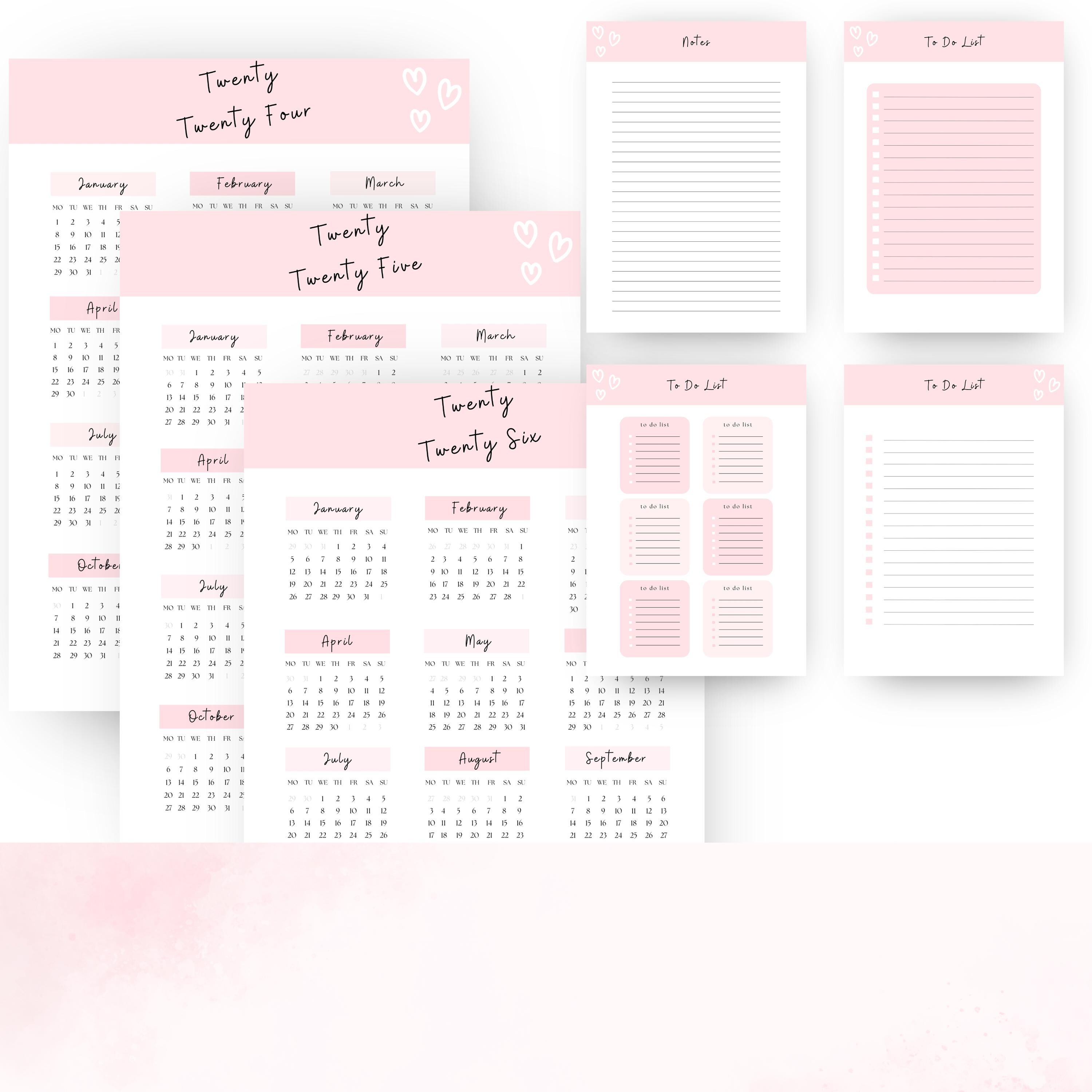 2025 Printable Planner Bundle Girly Pink Heart PDF 2026 Daily A5