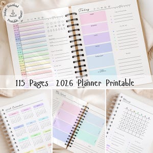 May include: A spiral-bound planner with sections in pastel colours for daily and weekly planning. The planner includes to-do lists, goals, and a 2026 calendar. Text on the planner reads "115 Pages 2026 Planner Printable."
