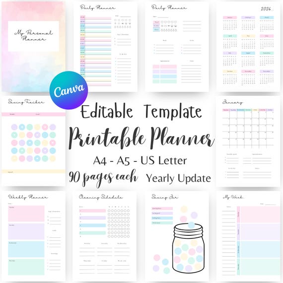 Printable Planner Template: Rainbow Editable Planner insert, Daily, Weekly, Monthly (Canva Template) (Digital Download)