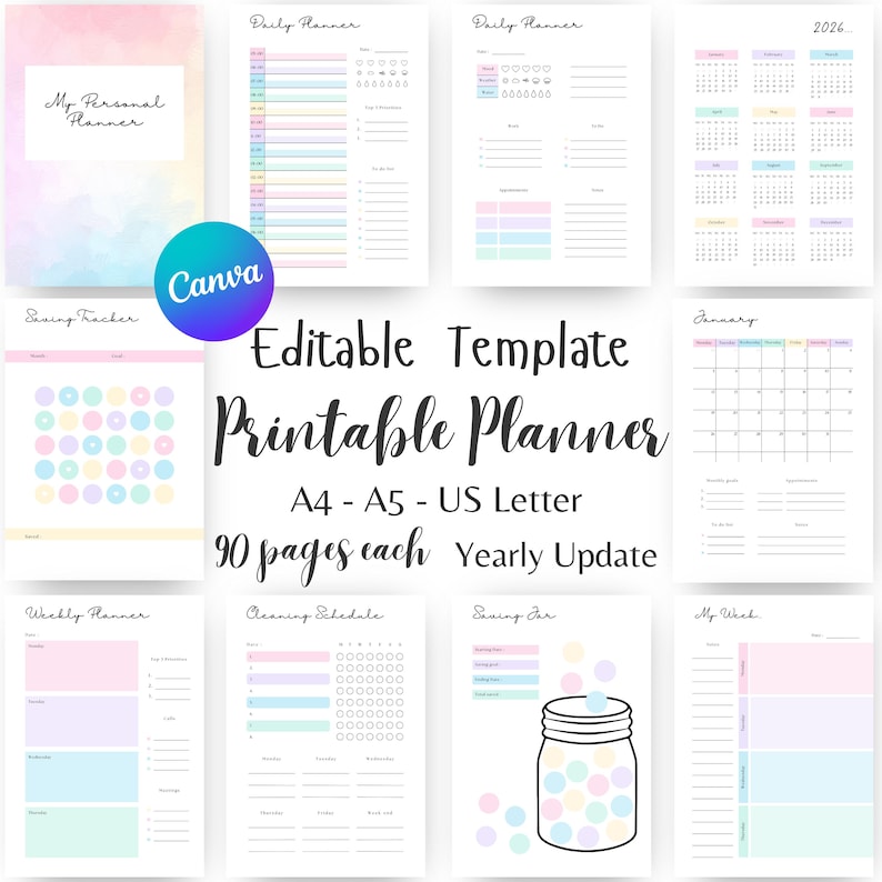 May include: A collection of printable planner pages with pastel color blocks. The pages include daily, weekly, and monthly layouts, a savings tracker, and a cleaning schedule. The text includes "My Personal Planner", "Editable Template Printable Planner", and "Canva".