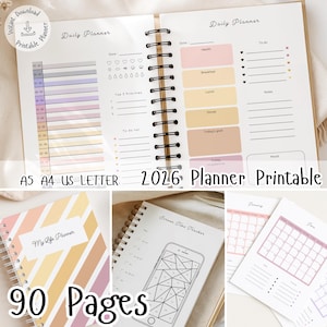 May include: A spiral-bound planner with a daily layout, featuring sections for time slots, to-do lists, and notes. The planner includes the text "2026 Planner Printable" and "A5 A4 US LETTER". Additional images show a "My Life Planner", a "Screen Time Tracker", and calendar pages. The planner has 90 pages.