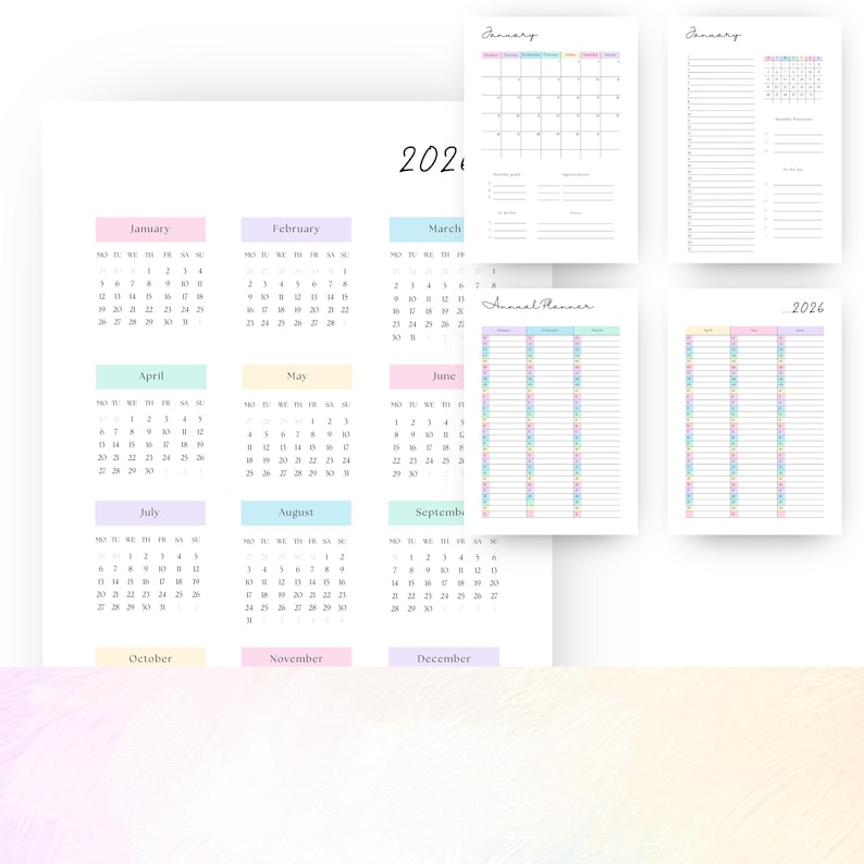 May include: A collection of pastel-colored 2026 and 2026 calendars and planners. The calendars feature monthly layouts with each month highlighted in a different pastel color. The planners include daily and yearly layouts.