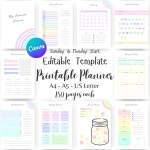 Editable Planner Template, Printable Canva template, fully editable, Rainbow Monthly planner, yearly update, sunday start, Daily Planner