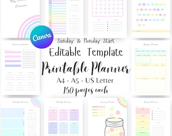 Editable Planner Template, Printable Canva template, fully editable, Rainbow Monthly planner, yearly update, sunday start, Daily Planner