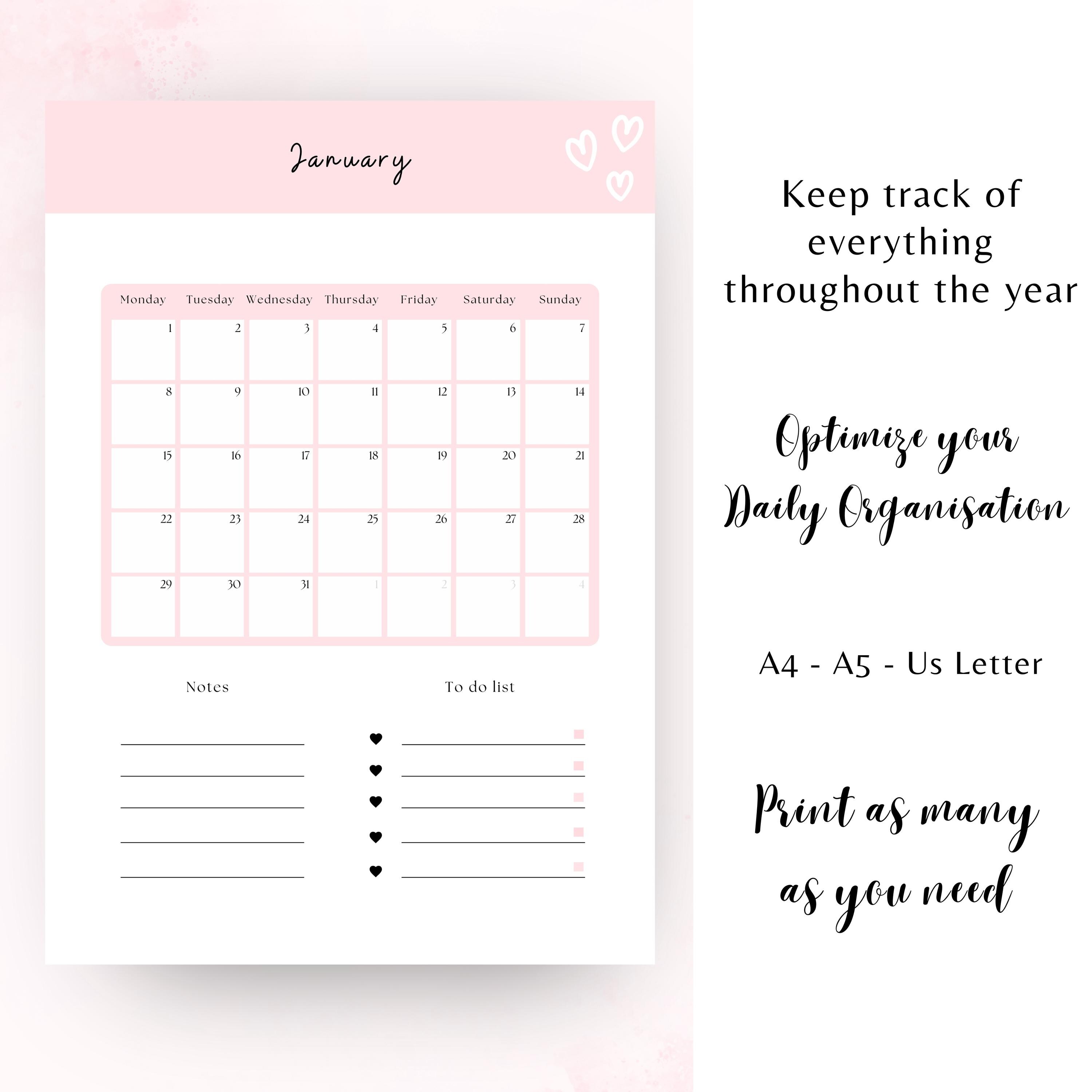 2025 Printable Planner Bundle Girly Pink Heart PDF 2026 Daily A5