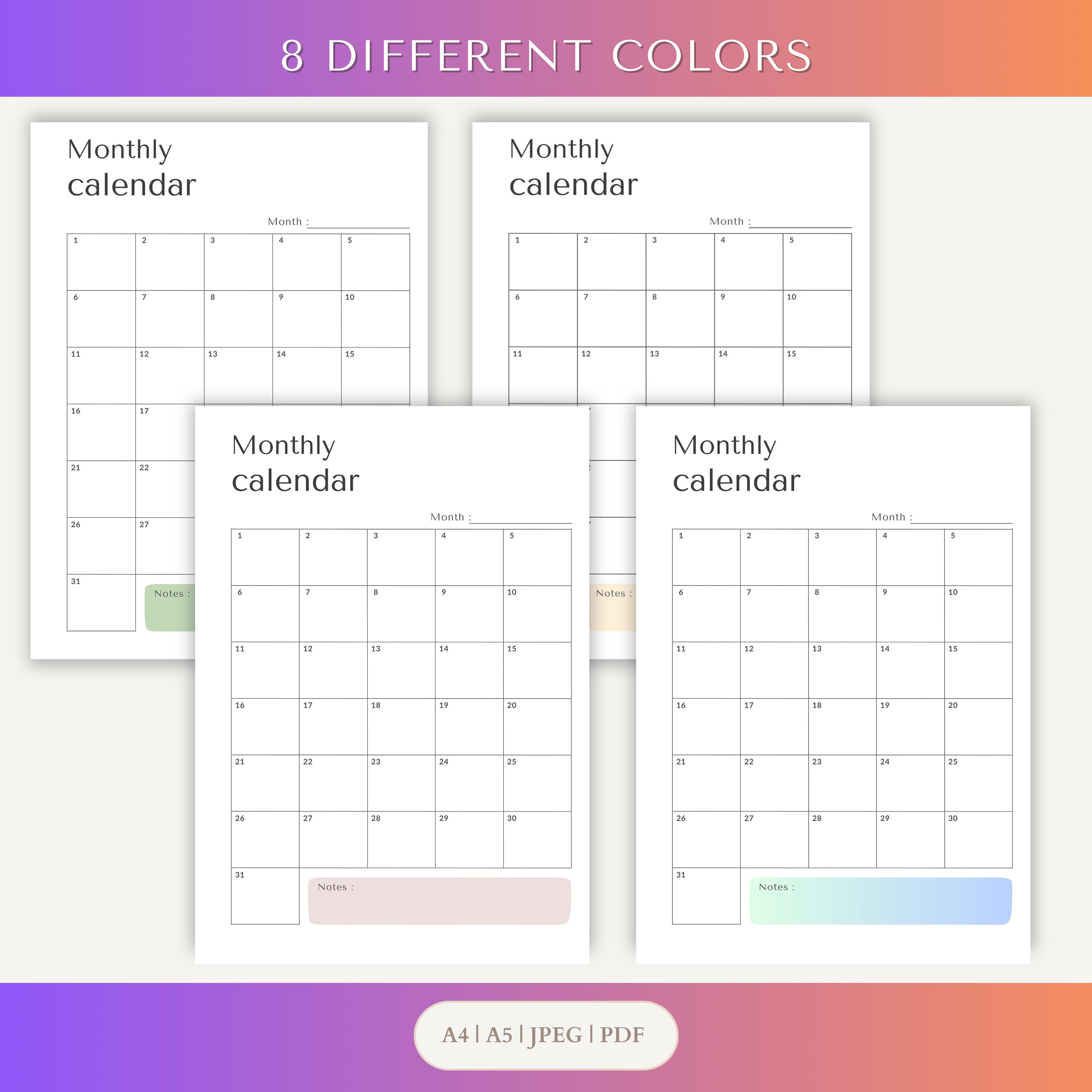 Monthly Calendar PDF Printable JPEG Planner Printabler - Etsy