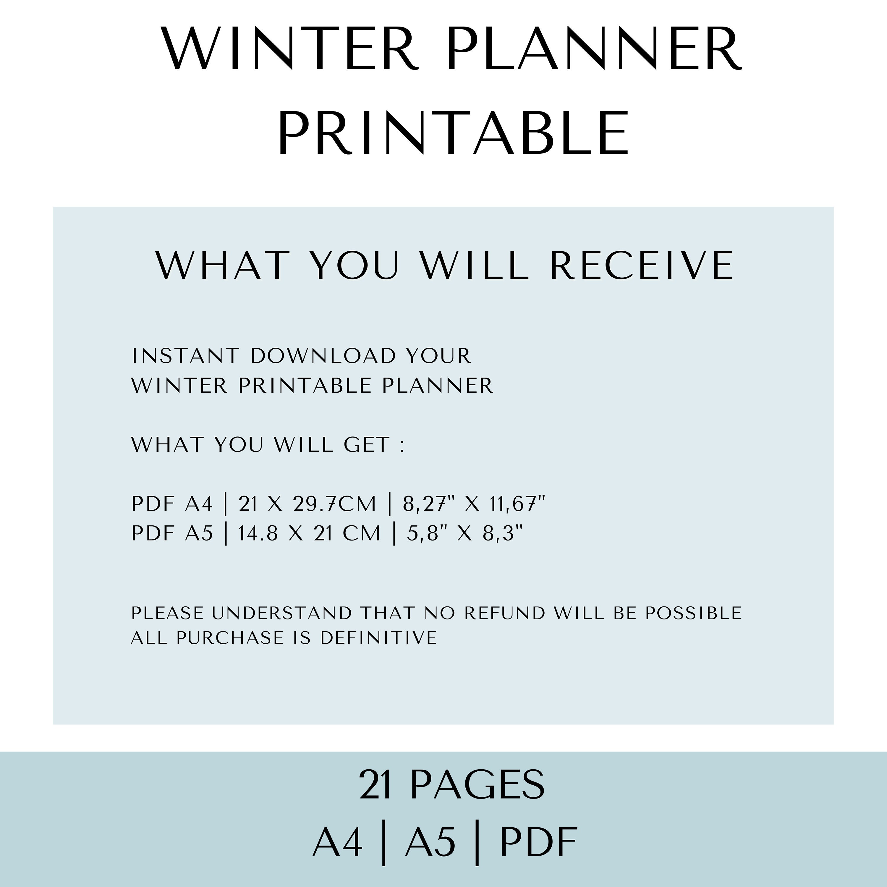 Winter Planners Printable PDF, PNG, Christmas Season Snow Flakes, Daily ...